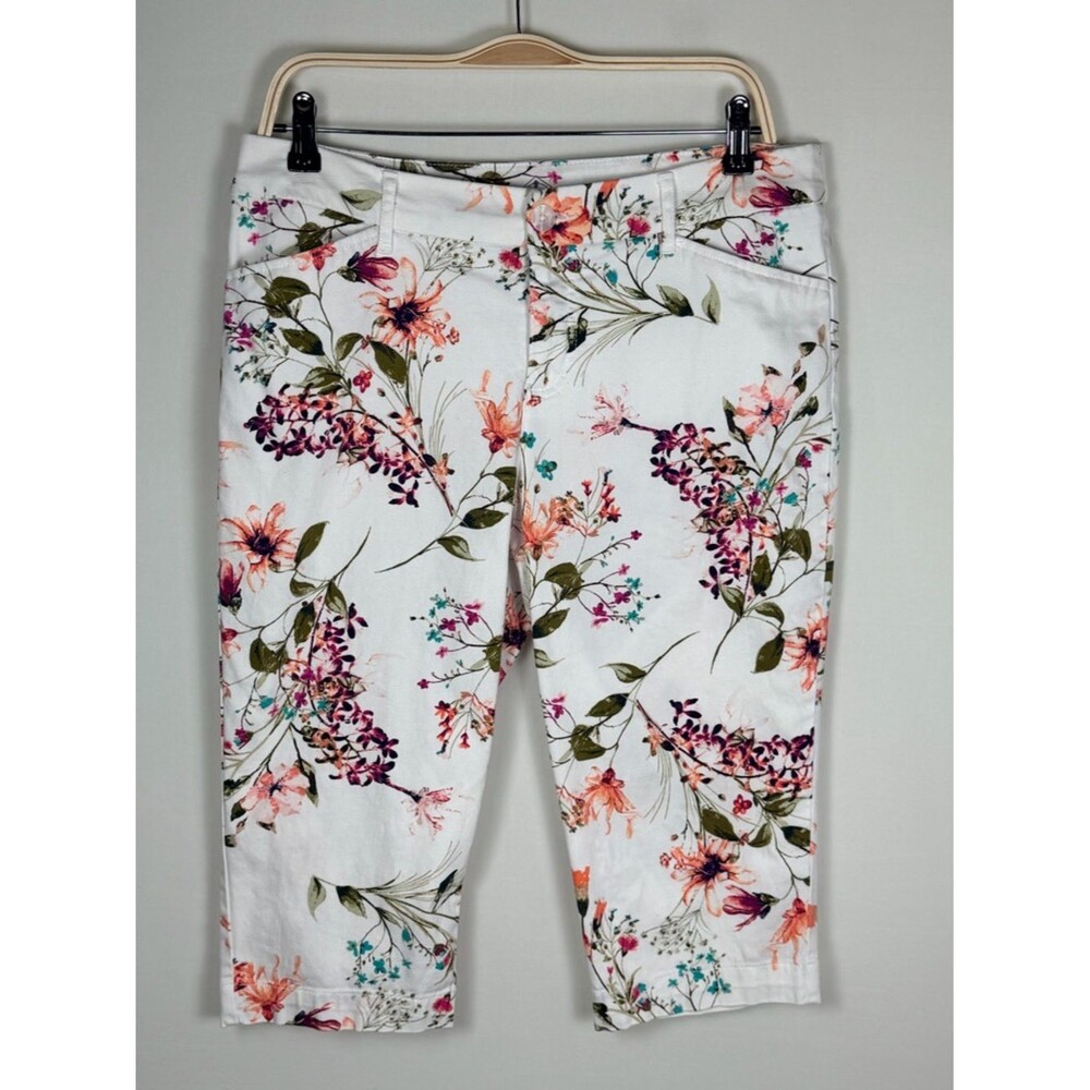 St John’s Bay Floral Capri Pants 12P White Stretch Mid Rise Cropped Botanical